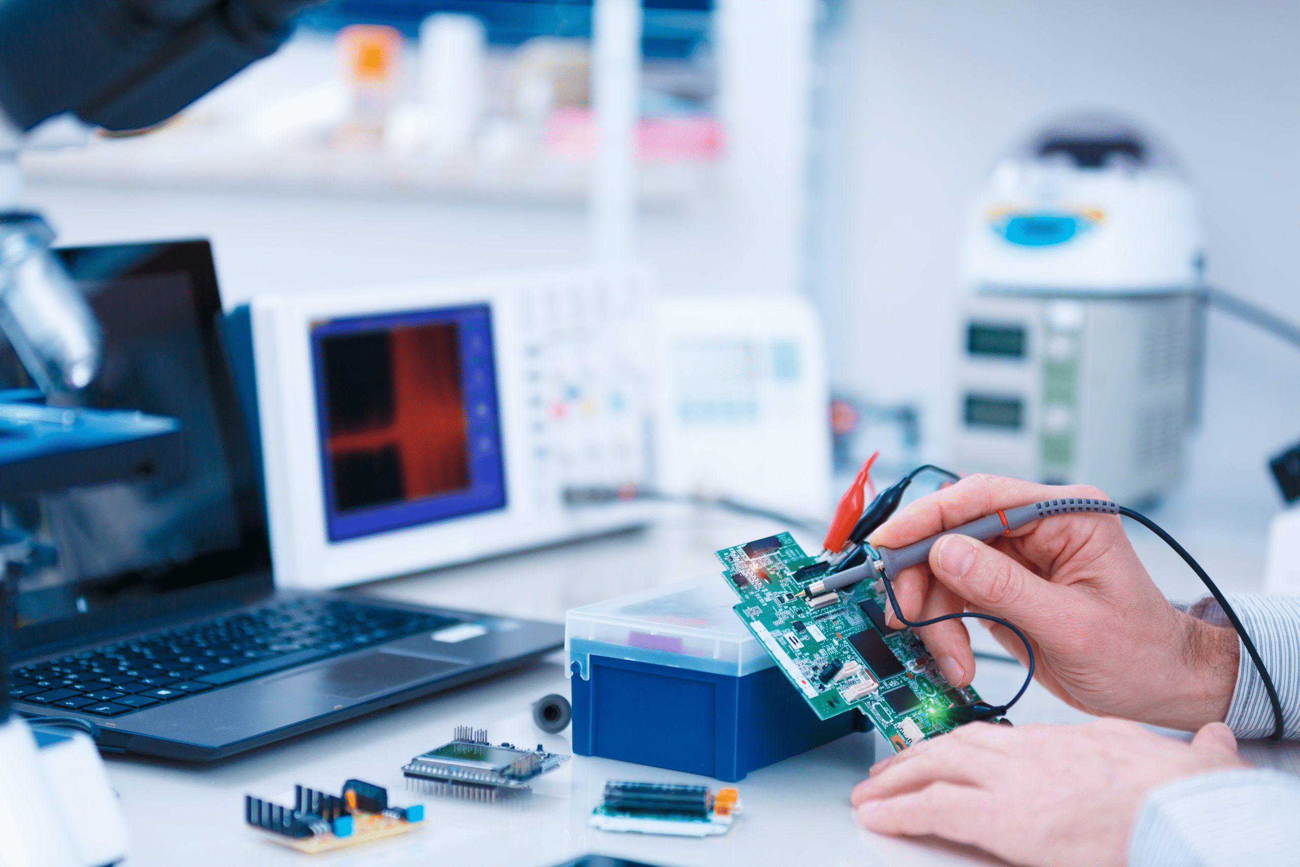 A technician tests a circuit board using a multimeter, with diagnostic equipment and a laptop visible in a well-equipped lab setting.