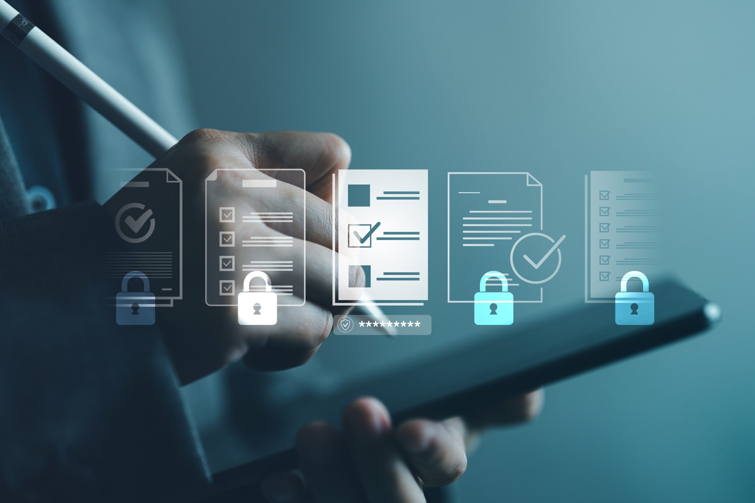 Businesswoman using tablet and stylus with digital document security interface, cybersecurity protection, data privacy, authentication, secure access, compliance management and digital verification.