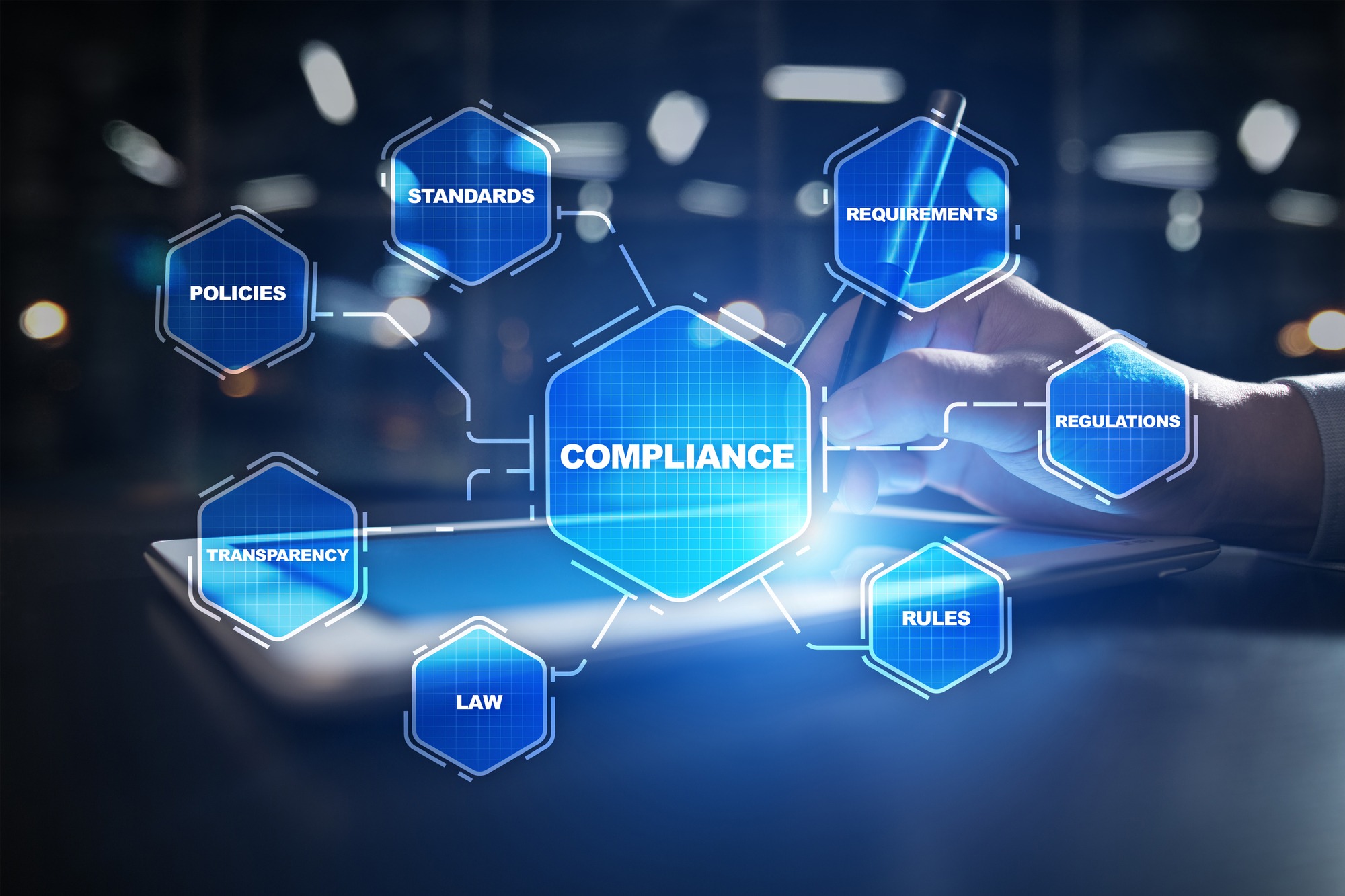 Compliance on the virtual screen. Business concept.
