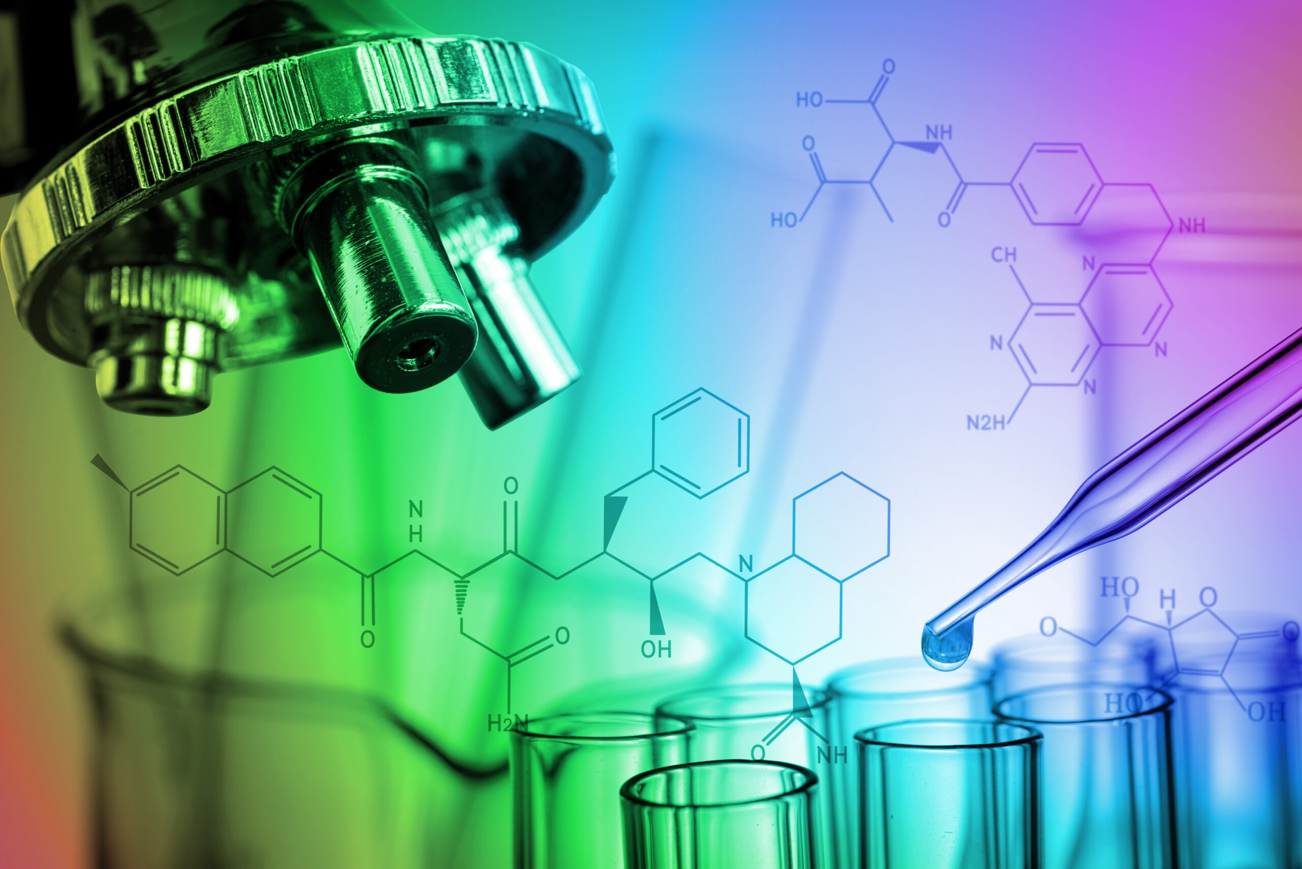 Microscope and pipette over colorful test tubes, with molecular structures in the background, illustrating chemical experimentation and research.